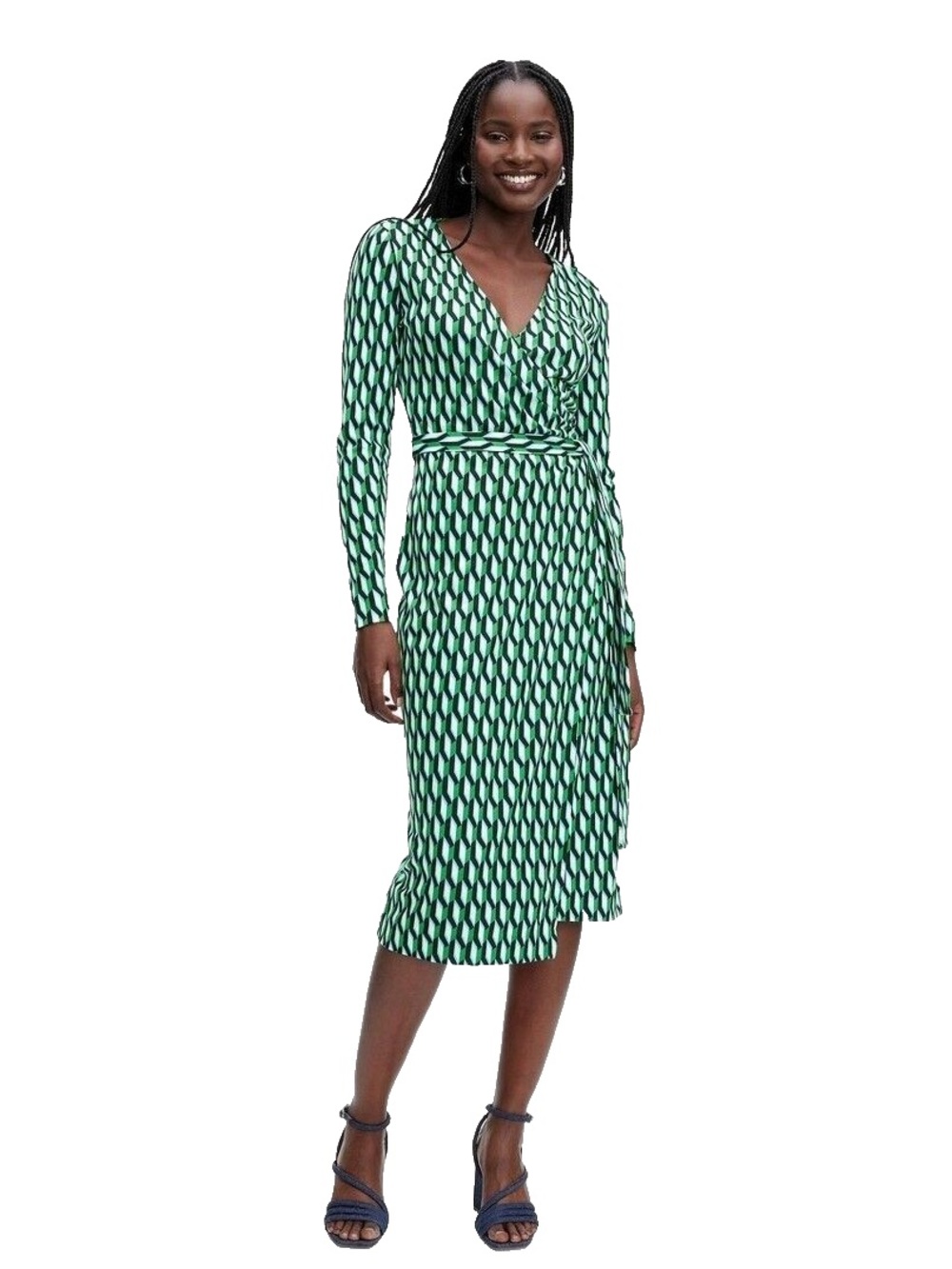 Diane Von Furstenberg Green Patterned Long-Sleeve Wrap Dress